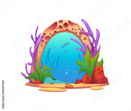 Cartoon magic underwater sea portal, gate or door frame of fantasy marine world entrance, game UI asset. Vector stone arch with seaweeds, corals, fish and water bubbles, fantasy game underwater portal