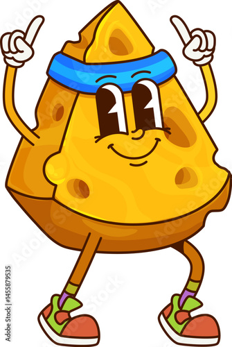 Cheese groovy cheerful character on fitness. Edam milk product wedge vintage happy character, cheddar piece cartoon vector character. Emmental cheese slice groovy personage wearing fitness headband