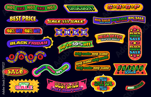 Funky shopping and sale patch y2k groovy stickers, retro discount labels set. Vector 90s groovy geometric shape badges, y2k tags and ribbon banner stickers with black friday, sale and discount offers