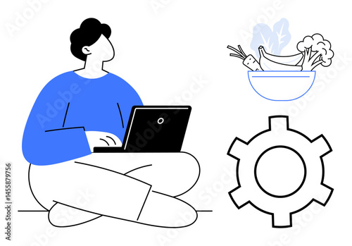 Person sitting cross-legged using a laptop, a gear symbol indicating productivity, and a bowl of vegetables representing healthy living. Ideal for wellness, work-life balance, productivity, remote