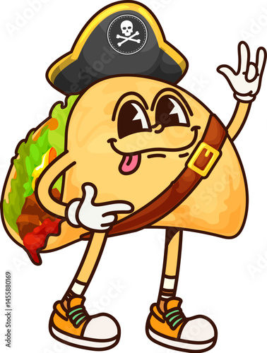 Cartoon groovy taco fast food pirate and corsair tex mex Mexican food character. Isolated vector y2k personage wears tricorn hat and trendy hippie sneakers, exudes adventurous spirit of Latin cuisine
