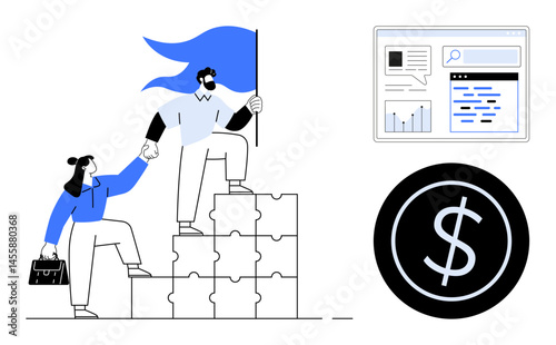 Professional teammates climbing puzzle blocks with flag, browser interface, and dollar sign graphic. Ideal for teamwork, leadership, growth, problem-solving, finances, strategy simple landing page