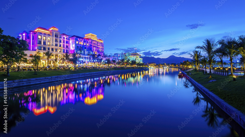 Obraz premium stunning waterfront view of vibrant cityscape at dusk, showcasing colorful lights reflecting on calm water