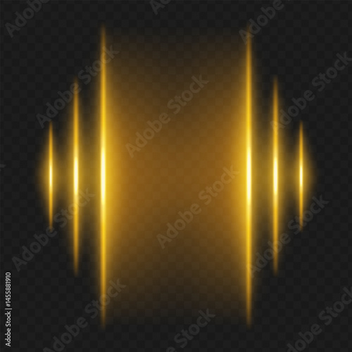 Soundwave. Vertical yellow beams of different heights mirror left and right sides, evoking volume bar, audio frequency or music pulse visualization.