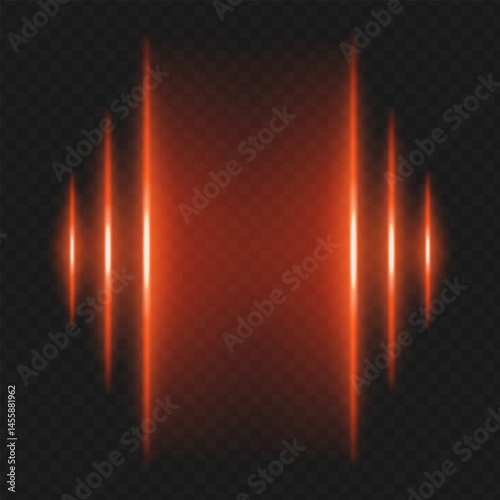Soundwave. Vertical red beams of different heights mirror left and right sides, evoking volume bar, audio frequency or music pulse visualization.