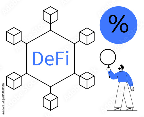 Blockchain connections around DeFi, bold percentage sign, and individual with a blank circle. Ideal for blockchain, DeFi, cryptocurrency, fintech, finance, technology simple landing page