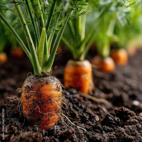 Closeup view of a freshly harvested carrot still in the ground showing its vibrant orange color and earthy texture surrounded by other carrots in a garden row. : Generative AI