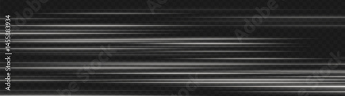 White motion blur light streaks forming horizontal stripes on dark transparent background. Abstract speed lines for dynamic UI and fast-moving digital designs.