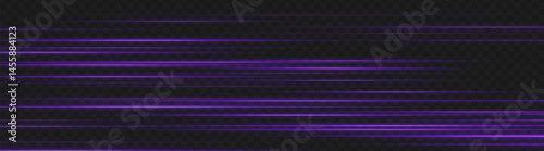 Purple speed light lines in motion blur style. Horizontal glowing streaks on dark background ideal for neon UI, energy trails, and futuristic tech elements.