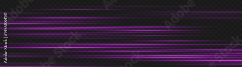 Purple speed light lines in motion blur style. Horizontal glowing streaks on dark background ideal for neon UI, energy trails, and futuristic tech elements.