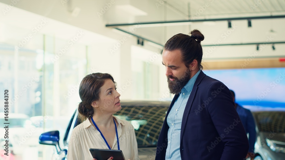 Fototapeta premium Customer in showroom looking for new vehicle to purchase, being shown option by saleswoman on tablet. Agent using device to help man evaluate automobiles in dealership before buying, camera A