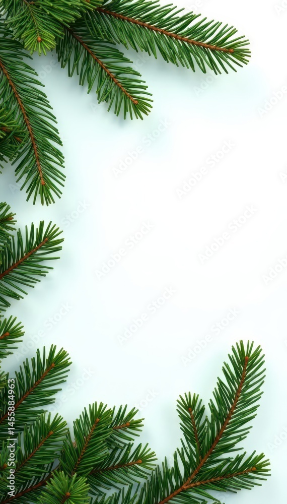 Dense fir branches, lush green needles, pristine white background, holiday, graphic, texture Dense fir branches, lush green needles, pristine white background, holiday, graphic, texture