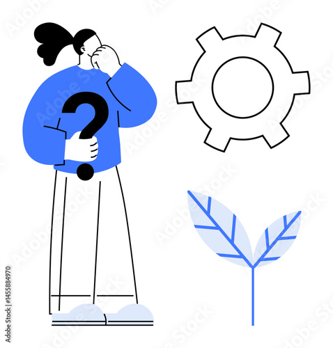 Person reflecting while holding a question mark near gear and leaf. Ideal for brainstorming, problem-solving, innovation, eco-conscious concepts, creativity, thoughtful decision-making, simple