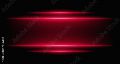 Bright red horizontal neon lights with layered blur and shine. Futuristic glowing bars for sci-fi interfaces, HUD borders, and digital design frames.