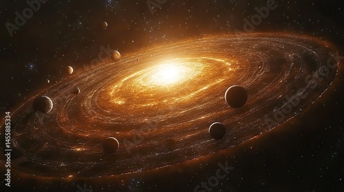 Abstract visualization of the solar system, with planets orbiting a central star in a swirling cosmic dance.