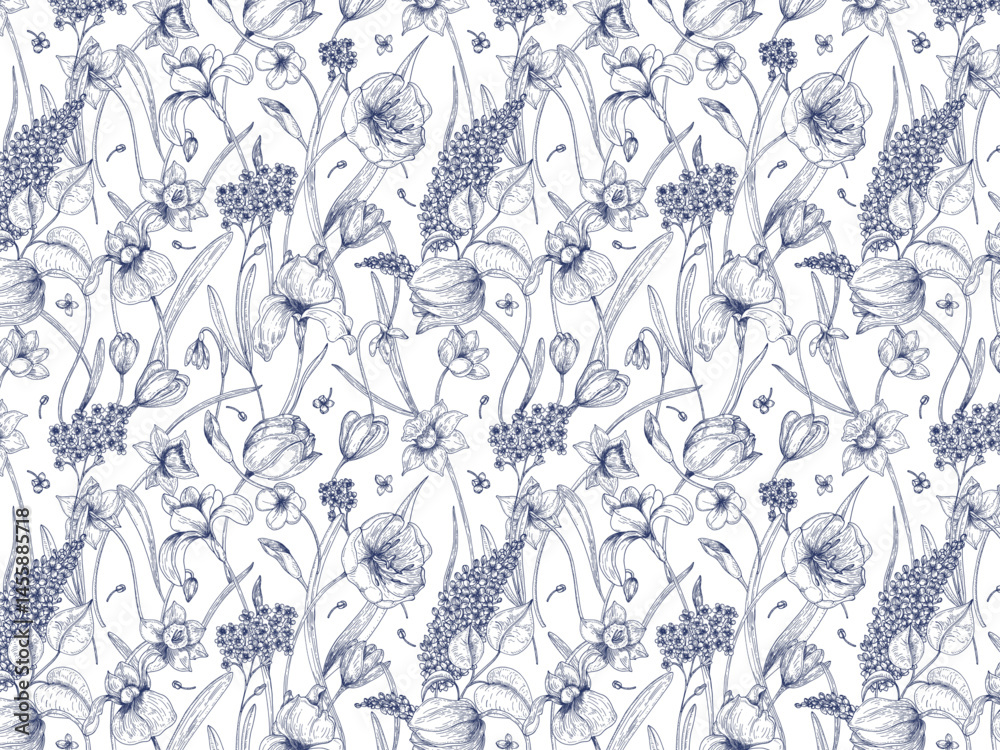 Obraz premium Bloom. Vintage floral seamless pattern. Spring flowers. Blue and white. Chinoiserie