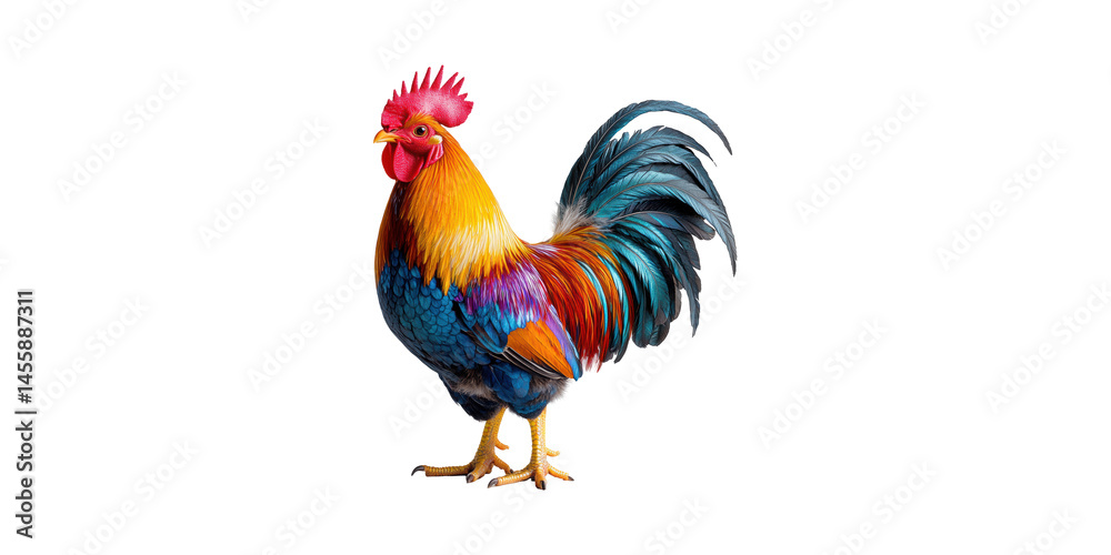 Fototapeta premium Colorful Rooster. Vibrant Plumage And Farm Animal Symbolism Isolated On Transparent Background