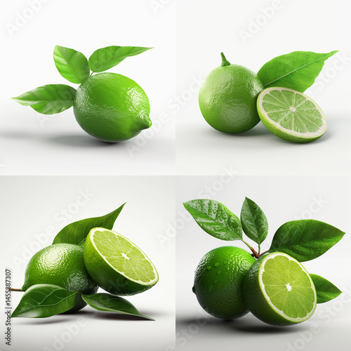 Close-up presentation of vibrant green limes with leaves.