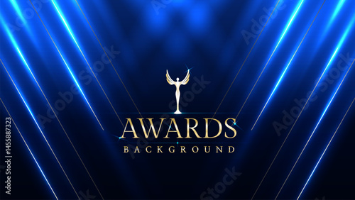 Dark blue luxury awards graphics background with light neon elegant shine spotlight effects. Premium corporate abstract design template. Banner certificate dynamic shape