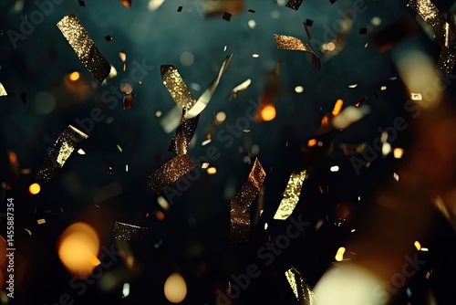 Golden confetti falling in a dark background.  Scattered, shimmering gold and light orange pieces of confetti against a dark teal background, creating a celebratory or festive ambiance