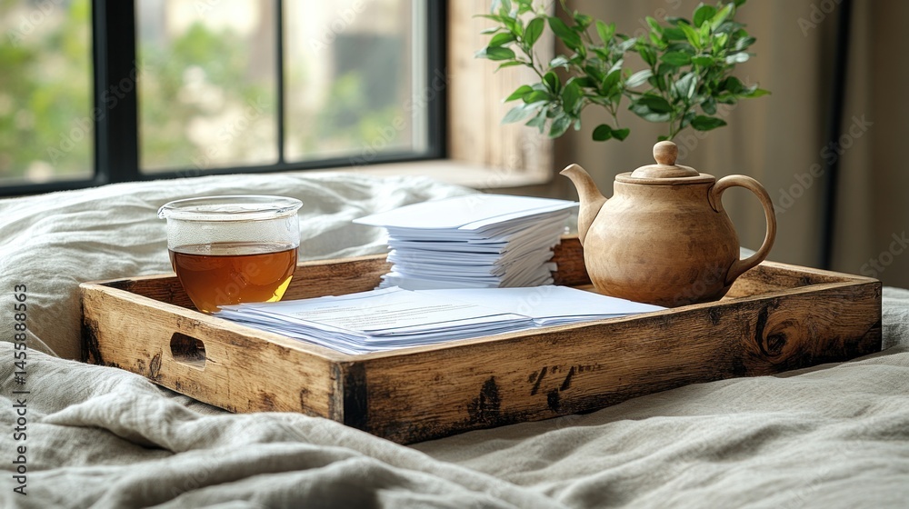 Wooden tray with tea, papers, and greenery on a bed Wooden tray with tea, papers, and greenery on a bed