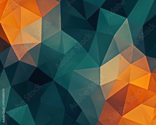 Abstract geometric background with teal and orange triangles creating a modern and visually interesting polygonal mosaic texture design.