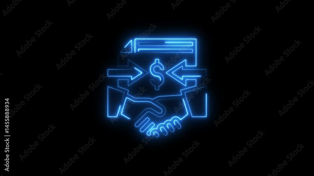 Glowing neon blue business deal contract handshake agreement with financial transaction Glowing neon blue business deal contract handshake agreement with financial transaction