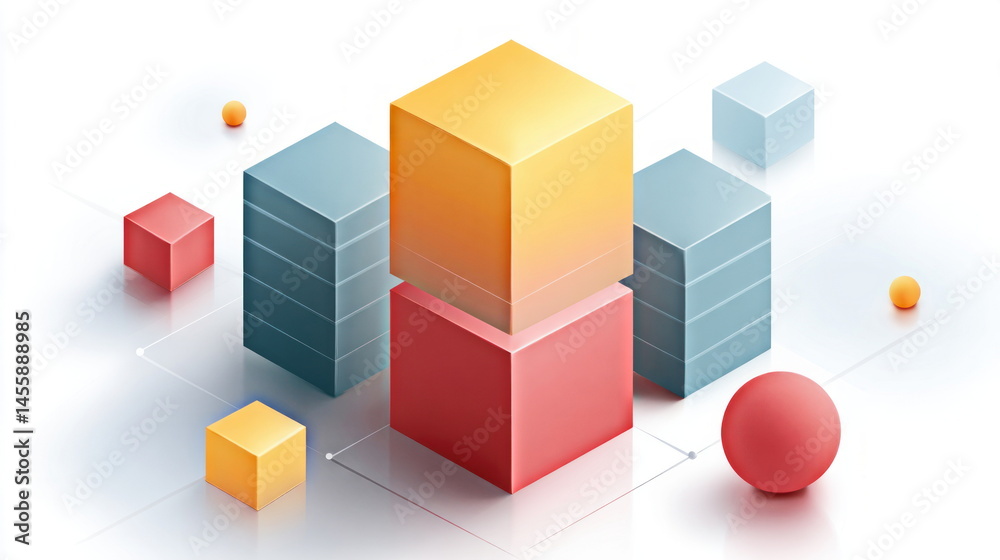 Fototapeta premium An isometric illustration shows colorful cubes and spheres forming a geometric abstract design for presentation backgrounds and modern concepts.