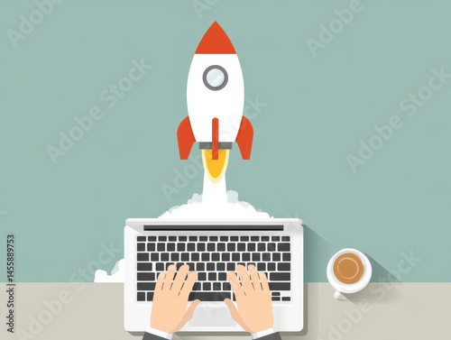 Creative illustration of flying rocket hovering above laptop keyboard, symbolizing innovation and productivity. scene is completed with cup of coffee, evoking sense of inspiration and focus