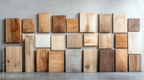 Various wood samples arranged on a wall, showcasing diverse wood tones and grains