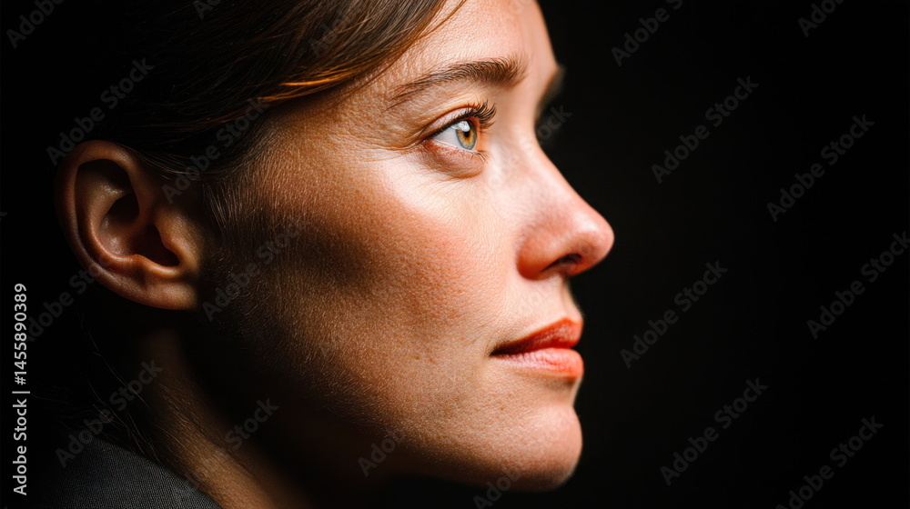 Fototapeta premium A thoughtful woman with hazel eyes is seen in profile against a dark backdrop with soft natural light highlighting her face and features.