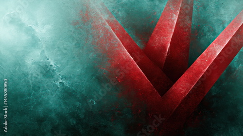 Abstract red geometrical shapes emerging from teal textured background to create a visually interesting modern artwork for backgrounds usage.