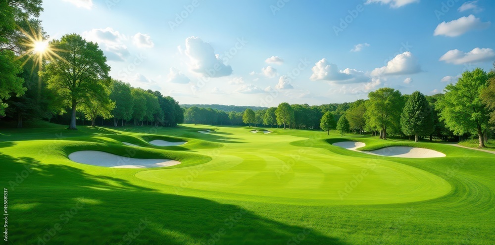 Naklejka premium Scenic golf course with lush green fairways and bunkers , activity, challenge