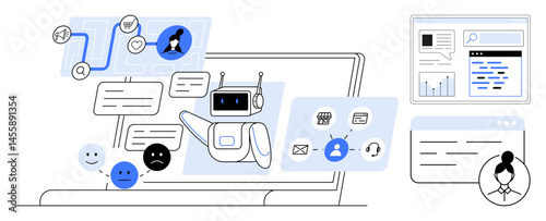 AI chatbot exchanging messages, managing user feedback, and streamlining tasks. Ideal for customer support, automation, AI communication, user management, tech services, branding simple landing page
