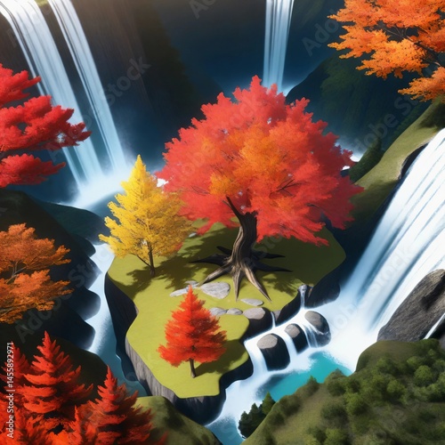 illustration of a view from above a waterfall with autumn leaves