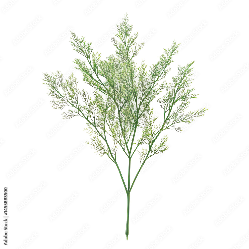 Fresh green herb with feathery leaves displayed on a white background for cooking and culinary use