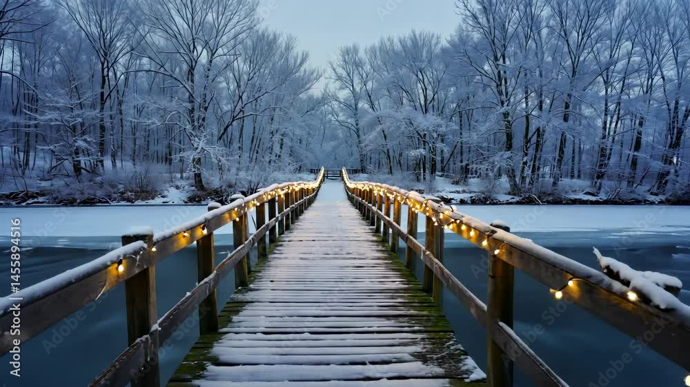 Bridge over a frozen river with lights on it. The bridge is lit up and ...