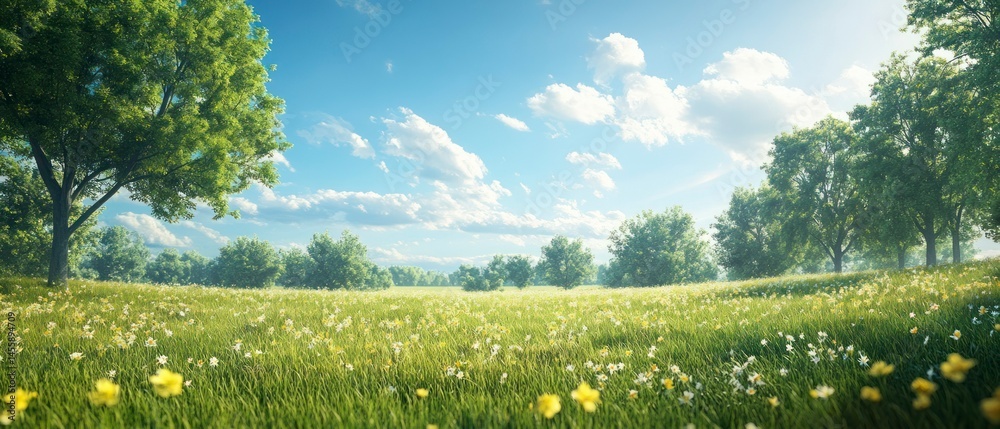 Fototapeta premium Grassland thrives under sunny sky, showcasing idyllic scenery with wildflowers and lush greenery.