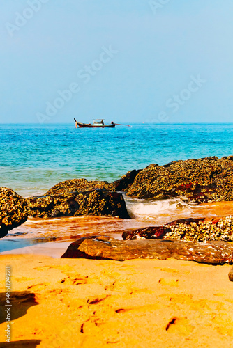 Traditional longtail fishing boat in the sea
