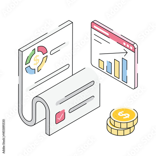 Money growth analysis icon designed in isometric style