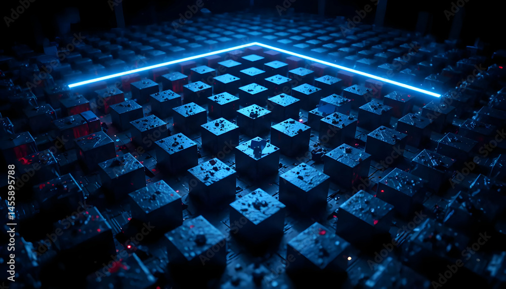 Obraz premium Abstract Digital Art Neon Blue Lines Illuminating a Grid of Dark Cubes, Sci-Fi Cyberpunk Style 3D Render