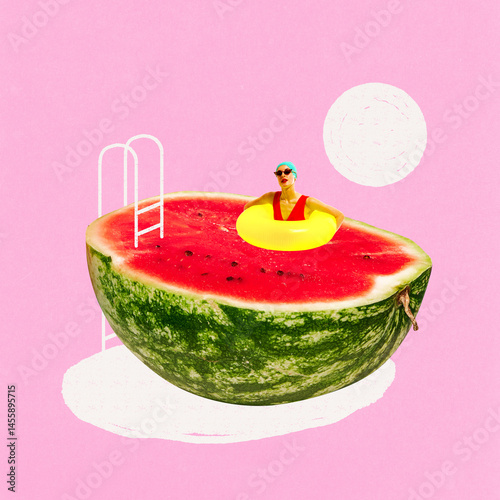 Cuadro en lienzo Young woman in swimsuit and cap floats inside sliced watermelon as pool against pink background