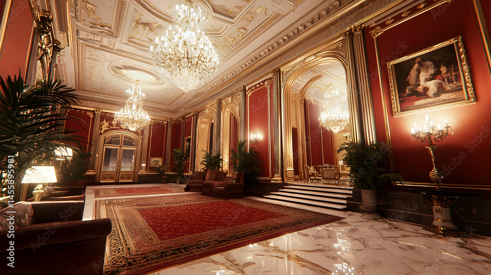 Fototapeta premium Luxurious, opulent grand hall with red walls, ornate gold trim, and crystal chandeliers. Large marble flooring, plush seating, and potted plants
