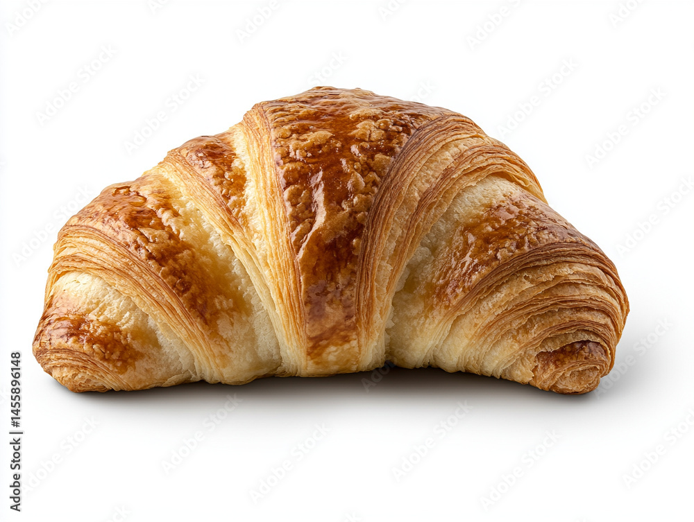 Fresh croissant with flaky layers, isolated on white background, side view with shadows. Fresh croissant with flaky layers, isolated on white background, side view with shadows.