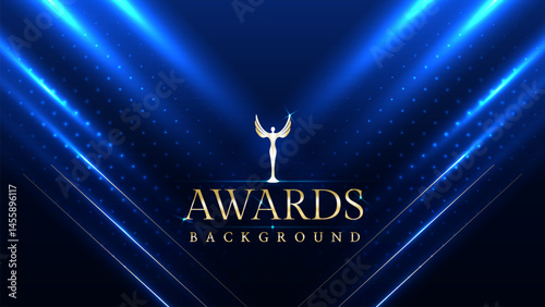 Dark blue luxury awards graphics background with light neon elegant shine spotlight effects. Premium corporate abstract design template. Banner certificate dynamic shape