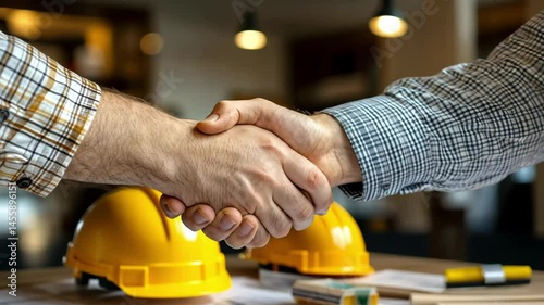 Professionals shake hands to finalize agreement at construction site with safety helmets