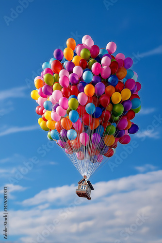 House flys away up in the air thanks to helium balloons