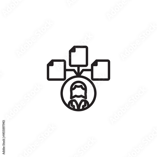 A person icon within a circle is connected to three document icons, illustrating task management, delegation, or an individual handling multiple documents or responsibilities.