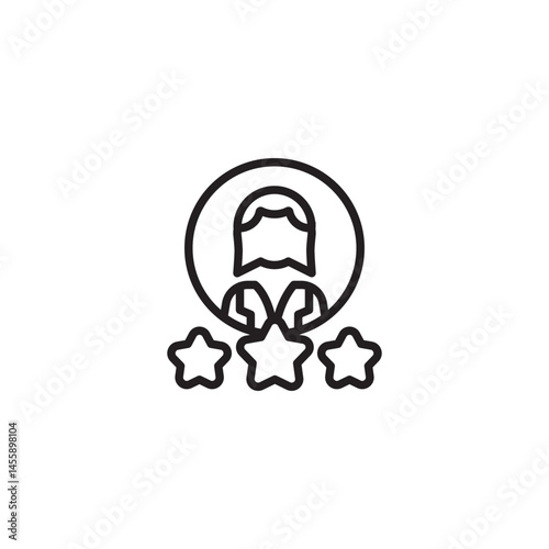 A person icon within a circle is positioned above three star icons, symbolizing user ratings, reviews, or the quality and appreciation of an individual.
