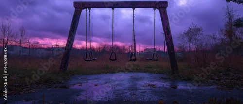 Abandoned swing set sits unused, conveying themes of neglect and desolation beneath a dramatically colored sky.